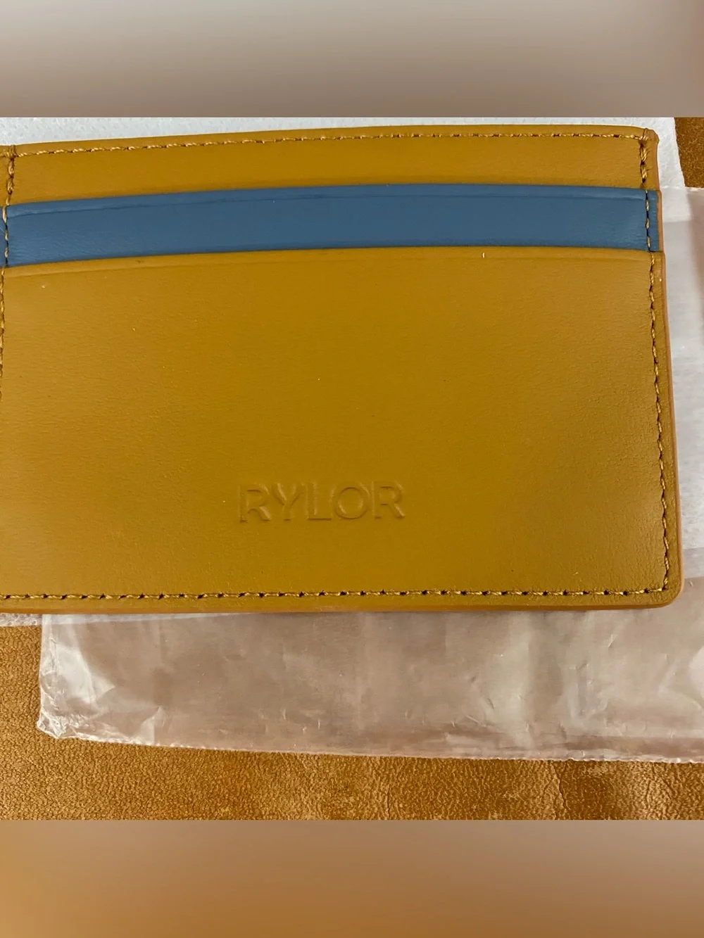 Rylor Heritage Stripe Leather Card Holder Minimalist Slim Wallet Brown Blue NWOT